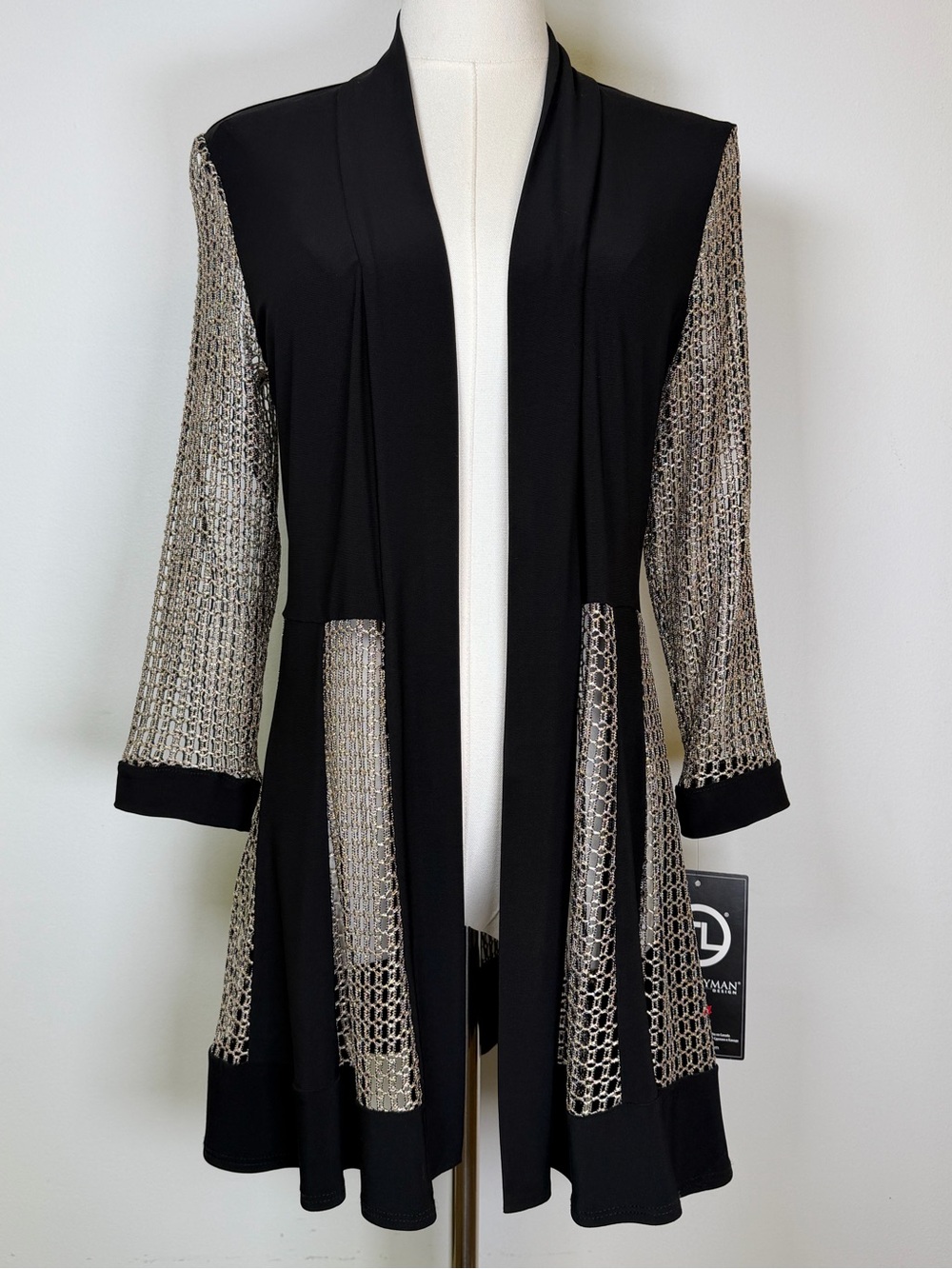 New! Frank Lyman Design Black Open-Front Cardigan Metallic Mesh Detail Women’s 4
